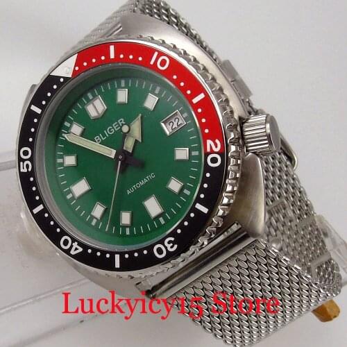 BLIGER Green Automatic Men Watch 24 Jewels NH35A Movement Screw Down Crown Mental Band Sapphire Glass