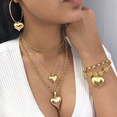Necklace Heart Pendant Link Chain Women Multi-layer Necklace Electroplating Hook Earrings Bracelet for Party drop shipping whole