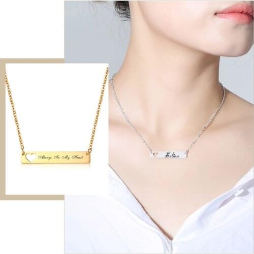 Trendy Heart Horizontal Bar Necklaces for Women Custom Personalize Engrave Stainless Steel ID Pendant Gifts for Her Jewelry