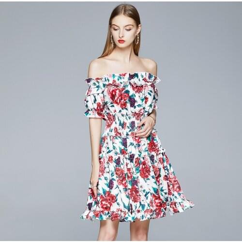 WTIANYUW Elegant Runway Summer Dress Women Short Sleeve Ruffles Elasticity Waist Red Rose Print Dress Sexy Off Shoulder Dress