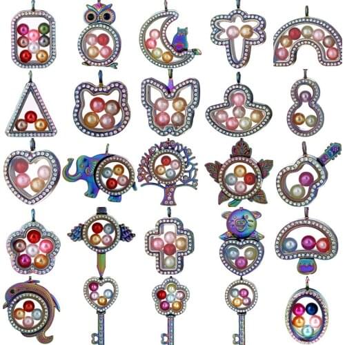 RAINBOW Floating Living Memory Rhinestone Locket Pendant fit 8mm Pearl Cage Photo Charms Pendant with Steel Chain Necklace or no
