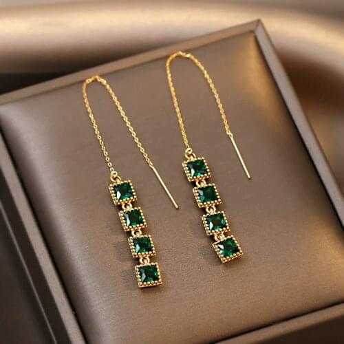 Origin Summer Korean Fashion Green Square Geometric Dangle Earring for Women Long Tassel Rhinestone Earring Jewelry Pendientes