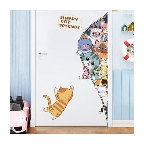Happy Cat Friends Kids Room Wall Sticker DIY Cartoon Animal Door Stickers Nursery Wall Decals Mural Wallpaper