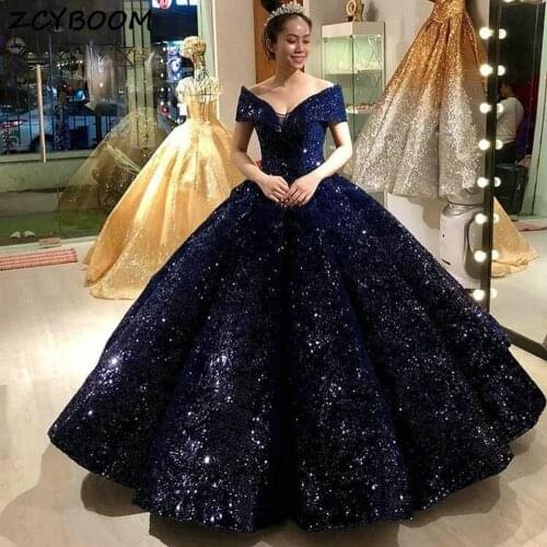Navy Blue Evening Dresses 2021 Women Formal Party Vestidos De Gala Elegant Shiny Sequins Off The Shoulder Graduation Prom Gowns