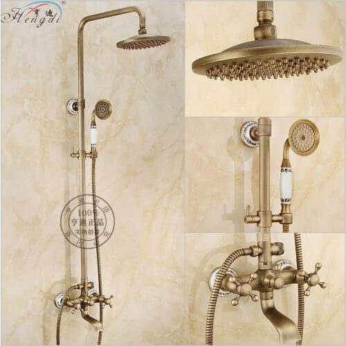 Bathroom Retro antique copper Brass Bathtub Shower Set Wall Mounted 8" Rainfall Shower Mixer Tap Faucet 3-functions Mixer Valve