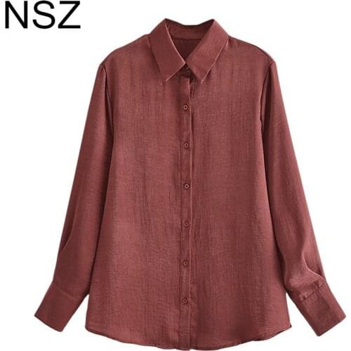 NSZ Women Brown Oversized Satin Blouse Large Size Shirt Autumn Long Sleeve Elegant Chic Office Ladies Work Top 2021