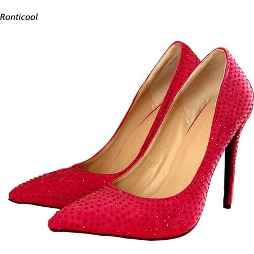 Ronticool 100% Handmade Women Spring Pumps Sexy Stiletto Heels Pointed Toe Beautiful Crystal Party Shoes Women US Plus Size 5-15