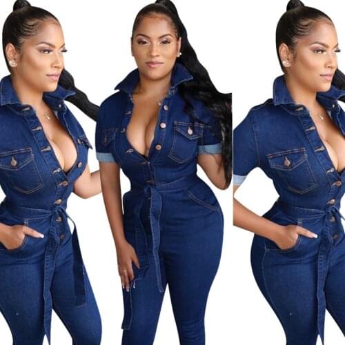 European style jeans sexy bodycon jumpsuit short sleeve denim overalls for women full length sexy body mujer LW8219