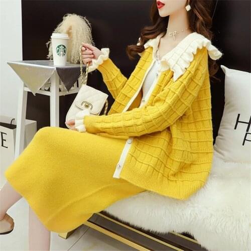 Knitted Sweater Autunm Two Piece Set Women Buttons skirts sets Long Sleeves Sweet Top And Skirt Casual Outfits 2020