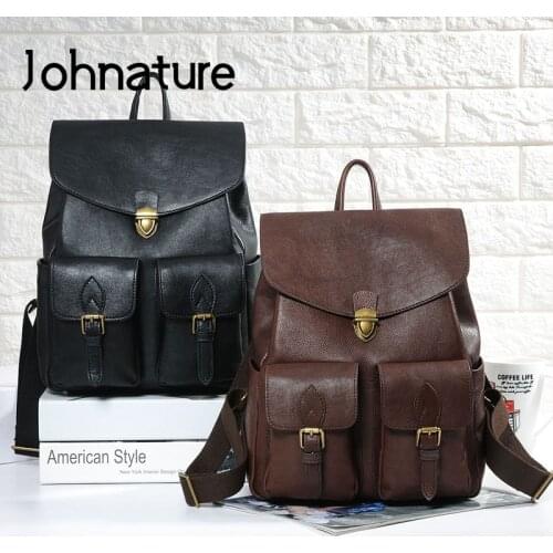 Johnature 2021 New Vintage Nature Cow Leather Women Bag High Quality Backpack Large Capacity Solid Color Outdoor Travel Bags
