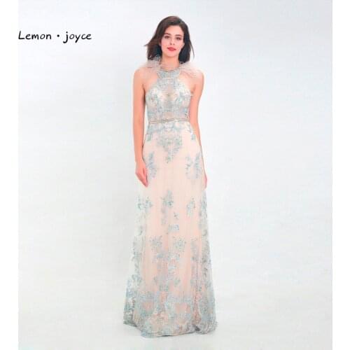 Lemon joyce Formal Evening Dresses 2020 O-neck with Feathers Sexy Appliques Backless Prom Party Gowns