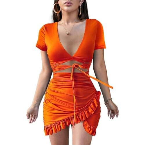 2021 elegant dress with deep V-neck, short sleeves, print tie, irregular buttock wrap thin skirt and sexy temperament