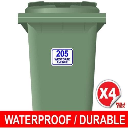 4X Personalised Printed Wheelie Bin Number Stickers with House Number Street Name Classic Style