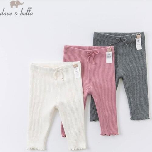 DB14839 dave bella autumn baby girls fashion bow solid pants children full length kids pants infant toddler trousers