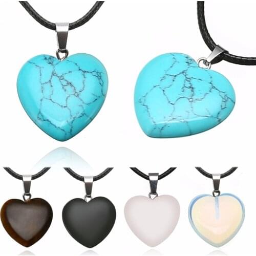 Classic Love Heart Shaped Stone Pendant Necklaces Natural Stone Leather Chain 6 Colors Simple Charms Jewelry Gifts For Women