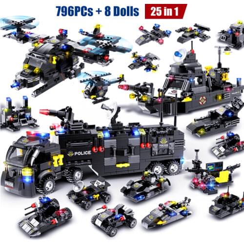25in1 City Series Building Blocks Set SWAT City Police Mobile Station Car Truck Ship Helicopter Blocks Technic Toys For Boys