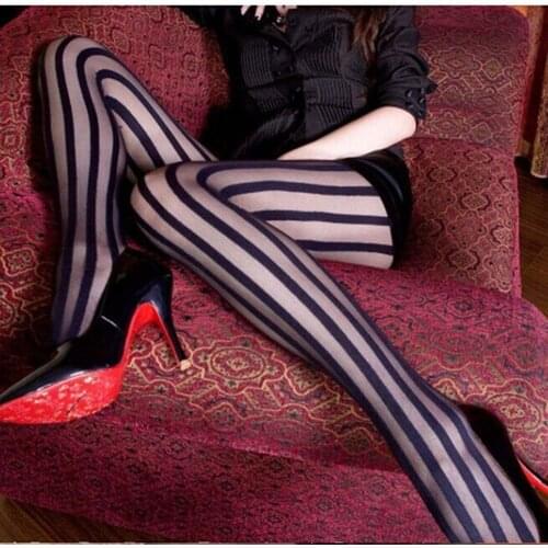 1 Pair Hot Sale Women Fashion Sexy Black Stripes Pattern Stockings Tights Lace Full Foot Elasticity Fine Ladies Pantyhose