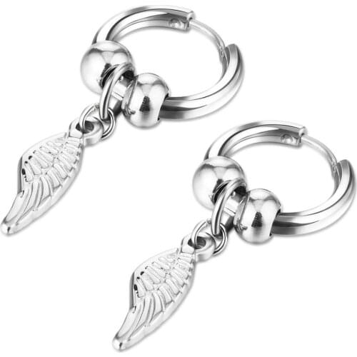 Stainless Steel Leaf Pendant Earrings Silver Color Retro Small Wing Hoop Huggie Earrings Circle Ear Ring Tassel Korean Jewelry
