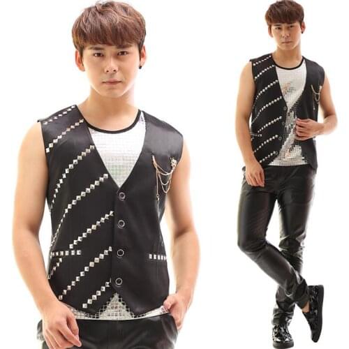Colete masculino men paillette vest clothing personalized singer dance stage street star style rivets formal dress black