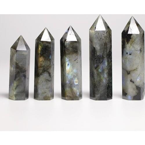 1PC Natural Crystal Labrador Stone Hexagonal Column Crystal Wand Embellished Quartz Stone HomeDecor DIY Gift Decor