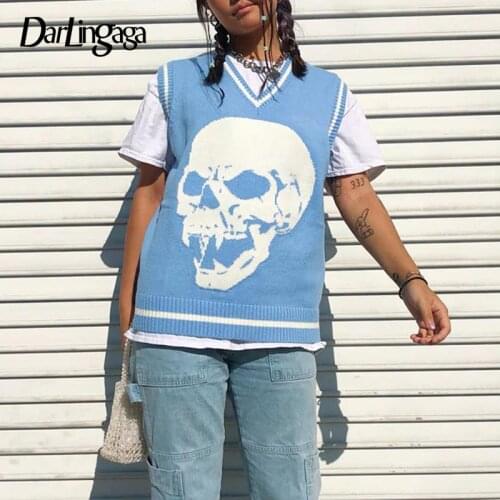 Darlingaga V Neck Skulls Print Autumn Sweater Vest Fashion Loose Pullover y2k Top Jumpers Harajuku Knitwear Woman Sweaters 2020