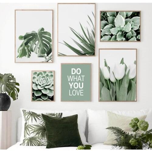 Green Plant Leaf Flowers Poster Print Watercolour Monstera Wall Art Canvas Painting Quotes Wall Pictures for Living Room Decor