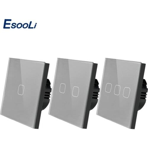 Esooli EU/UK standard 1/2/3 Gang 1 Way Touch Switch Gray Crystal Glass Panel Touch Switch Light Wall Only Touch Function Switch
