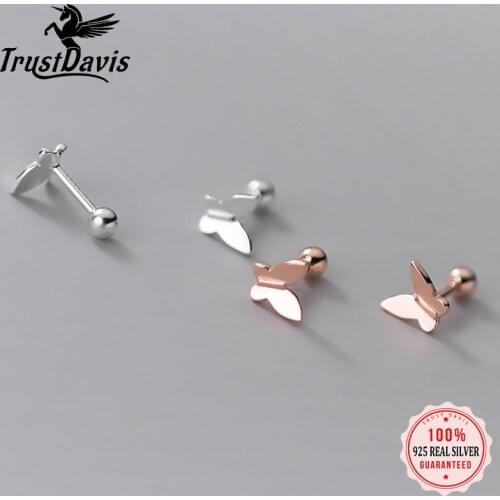 TrustDavis Real 925 Sterling Silver Fashion Sweet Butterfly Screw Stud Earrings For Women Wedding Valentines Day Jewelry DB317