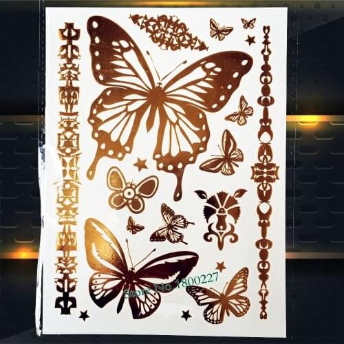 1PC Big Size Gold Flying Butterfly Flash Metallic Tattoo, Sexy Women Tattoo Golden, Fake Large Butterfly Removable Tatoo PCT-199