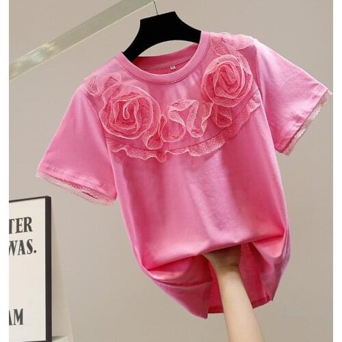 New Korean Style Lace Stitching Three-Dimensional Flower Decoration Short Sleeve Elegant T-shirt Women Fashion Tops