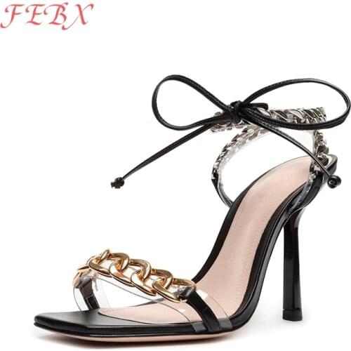 Women High Heels Sandals 2021 Summer Fashion Chain Ladies Stiletto Heels Pump Shoes Square Toe Women Ankle Strap Female Footwear