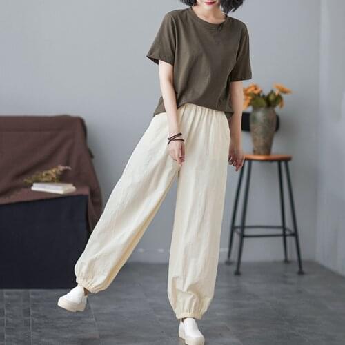 2021Summer Woman Cotton Linen Pants Elastic Waist Solid Harem Pants trousers Womens loose-fitting straight leg trousers FC923