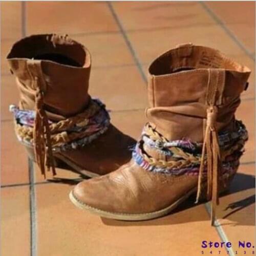 Women Mid-calf Boots Ladies Chaussure Gladiator Booties Heels Vintage PU Leather Slip On Shoes Woman Zapatos Mujer Sapato H353