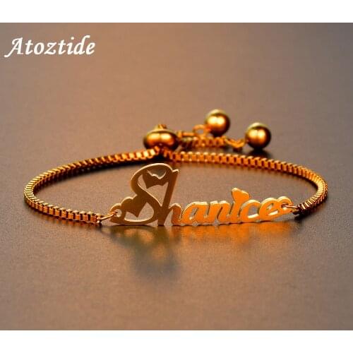 Atoztide Fashion Personalized Custom Name Bracelet for Women Stainless Steel letter Bracele with Adjustable Chain Wedding Gift