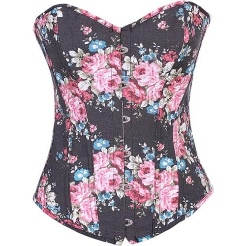 Women Overbust Corset Sexy Floral Print Denim Corset Burlesque Shapewear Corsets and Bustiers Harness Bustier Gothic Clothing