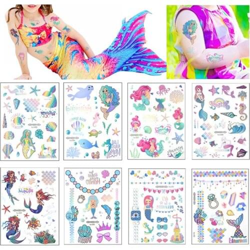 1Pcs Mermaid Temporary Tattoo Stickers Kids Hands Arm Body Fake Tattoo For Girls Mermaid Sea Theme Birthday Party Decor Stickers