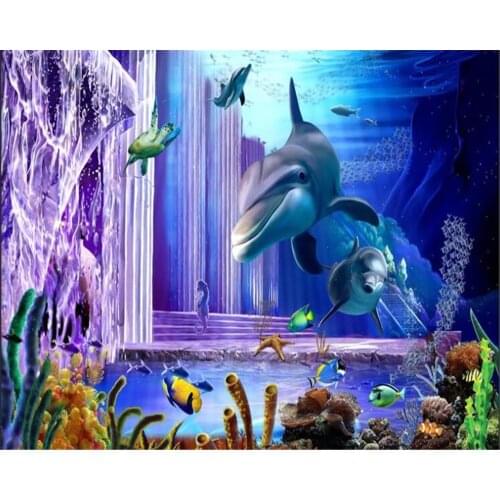 Beibehang 3d wallpaper mural Seabed landscape Dolphin Turtle Purple Roman column Pole TV Wall Decorative Painting wallpaper 3d