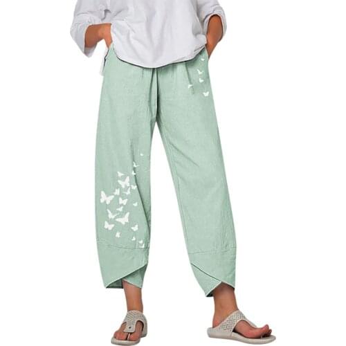 Women Casual Plus Size Harem Pants Butterfly Print Imitation Cotton Linen Wide Leg Trousers Summer Loose Comfortable Pants