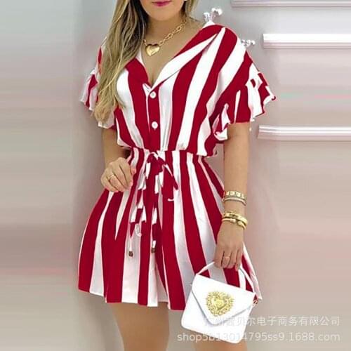 WEPBEL Black Stripes Fitted Waist Shirt Dresses Fashion Women Shirts Dress Shorts Sleeve Slim Fit Mini Dresses Female Sexy Dress