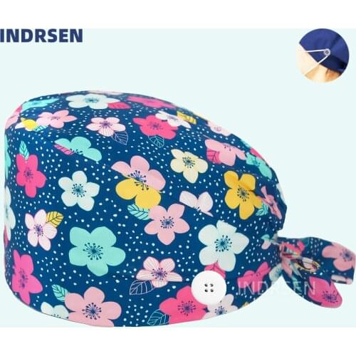 Flowers printting Surgicals cap women and men scrub cap Nursing long hair Cap Accessories lab work hat scrub cap with buttons