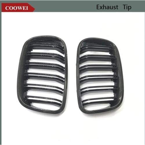 Double Line ABS Gloss Black + Carbon Fiber Look Racing Grill E70 E71 Grille for BMW X5 X6 SUV 4 Door Grills 2-Slat 2008-2014