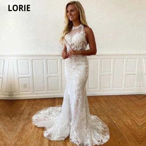 LORIE Elegant Lace Appliques Wedding Dresses with Court Train 2020 Halter Sleeveless Tulle Bride Gown Vintage vestido de noiva