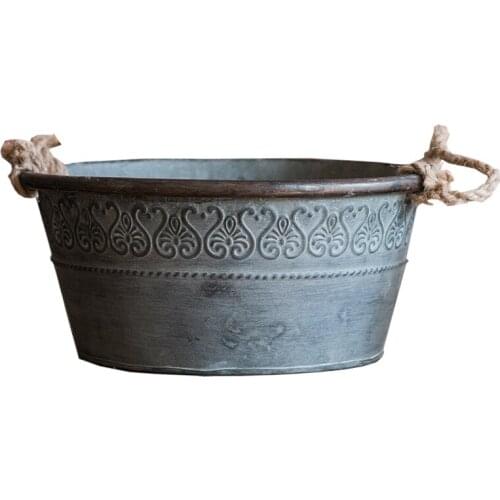 Vintage Style Round Herb Planter with Hemp Rope Handle