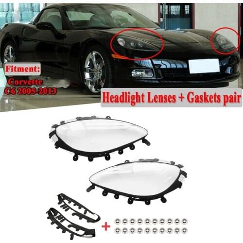 Headlight Lens Covers for Chevrolet C6 Corvette 2005-2013 with Black Trim Gaskets Seal Kit & 20Pcs Fix Nut Snaps
