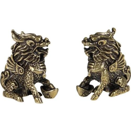 Brass Chinese Beast Qi Lin Statue Decor Pure Copper Animal Mascot Fengshui Office Home Ornaments Crafts Living Room Decoration