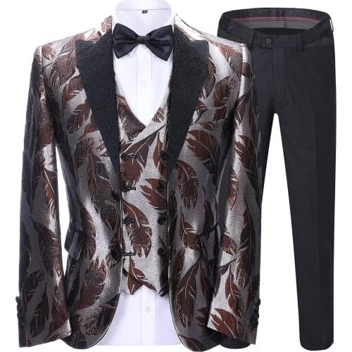 2021 New Style Mens suits 3 pieces Peck Lapel Jacket Print Slim Evening Gown Groom Wedding Tuxedo (Jacket+Pants+Vest)