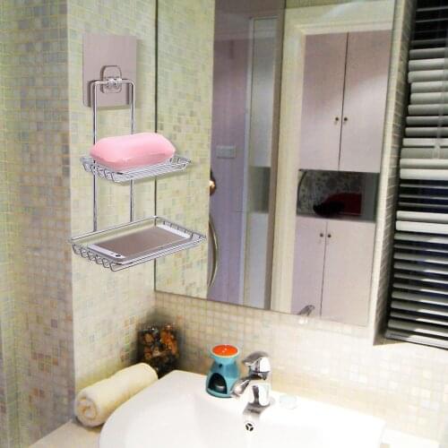 Behogar Wall Mounted Sticky Shower Bathroom Kitchen Rack Shelf Holder Dual Layer for Soap Bath Towel Kitchen Small Gadgets