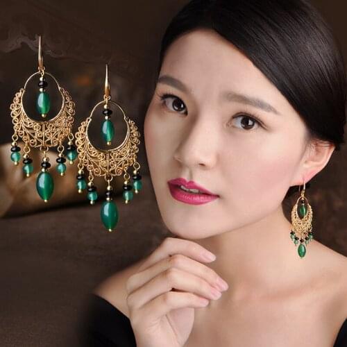 New vintage earrings for women,green nature stones fashion earrings jewelry,big star dangle earring