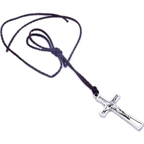 Retro Rope Jesus Cross Necklace Pendant Jewelry for Men Women Catholic Religious