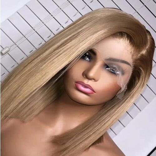 13x4 Lace Front Wig Human Hair Daker Root Ash Blonde Thick 180% Density Ombre Short Bob Wigs Pre Plucked For Black Women